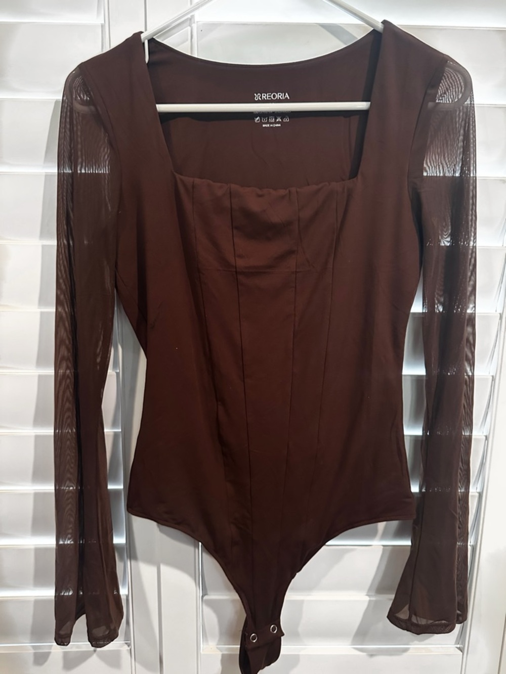 ReoRia Chocolate Brown Sheer-Sleeve Square Neck Bodysuit